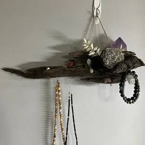 Driftwood Jewelry Hanger with Natural Crystals Hangable Jewelry Holder for Home Decor Eco Friendly Rustic Style