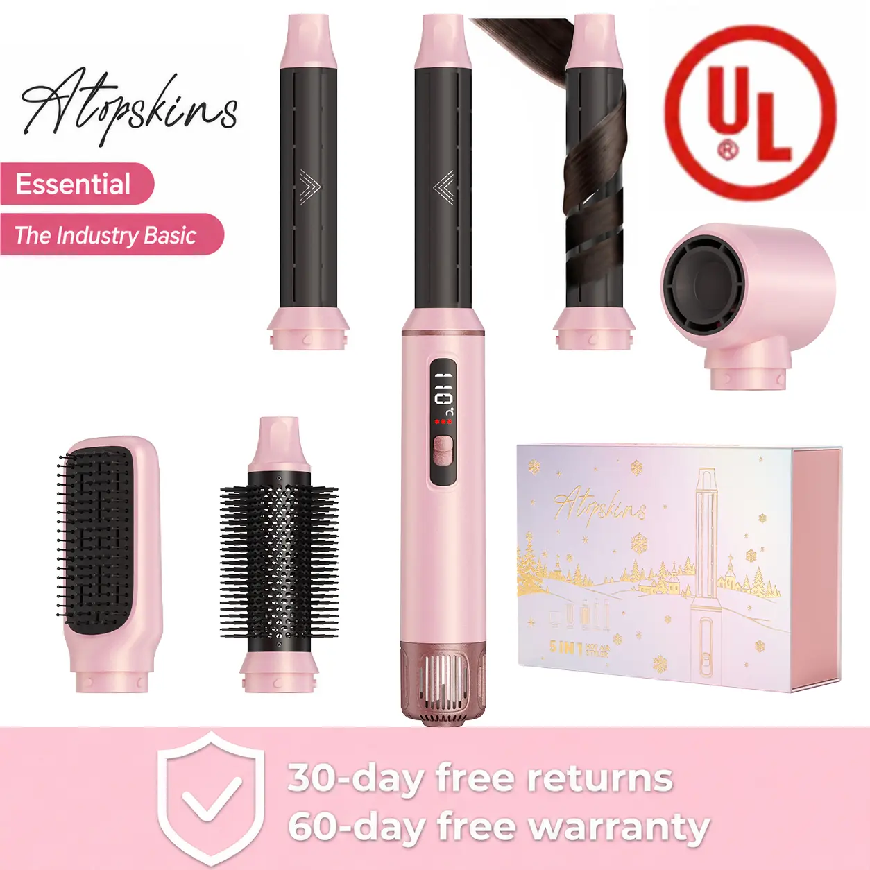 ATOPSKINS 5-in-1 LiteStyler Blow Dryer Brush - Soft Airflow Ultra-Lightweight Hair Dryer with Plastic Attachments, Christmas giftThermal Brush, Multi-Curl Functions, Low-Speed, 800W Power, 110V-120V, 30-Day Free Returns Salon-Quality Styling Tool,