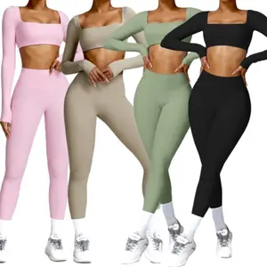 Women 2 Piece Workout Sets Long Sleeve Crop Tops High Waist Leggings Gym Sets