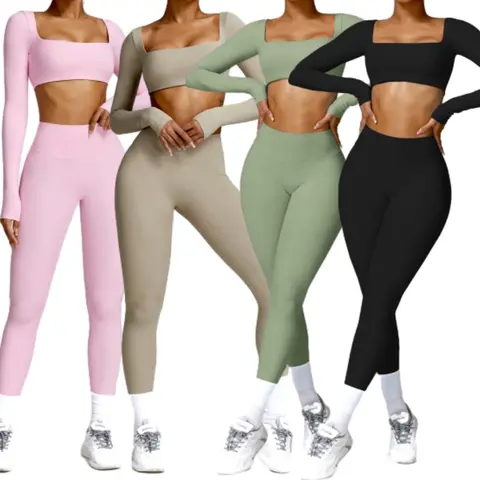 Women's 2-Piece Fitted Design Activewear Set - Long Sleeve Crop Top, High Waist Leggings, Casual Gym Wear, Yoga Set, Outdoor Sports Clothing for Gym OOTD, Streetwear Tracksuit Set