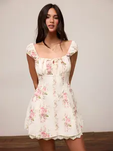 Cider Square Neck Floral Knotted Mini Dress