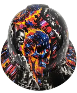 American Flag Flaming Skulls - Custom Hydro Dipped Full Brim Hard Hat