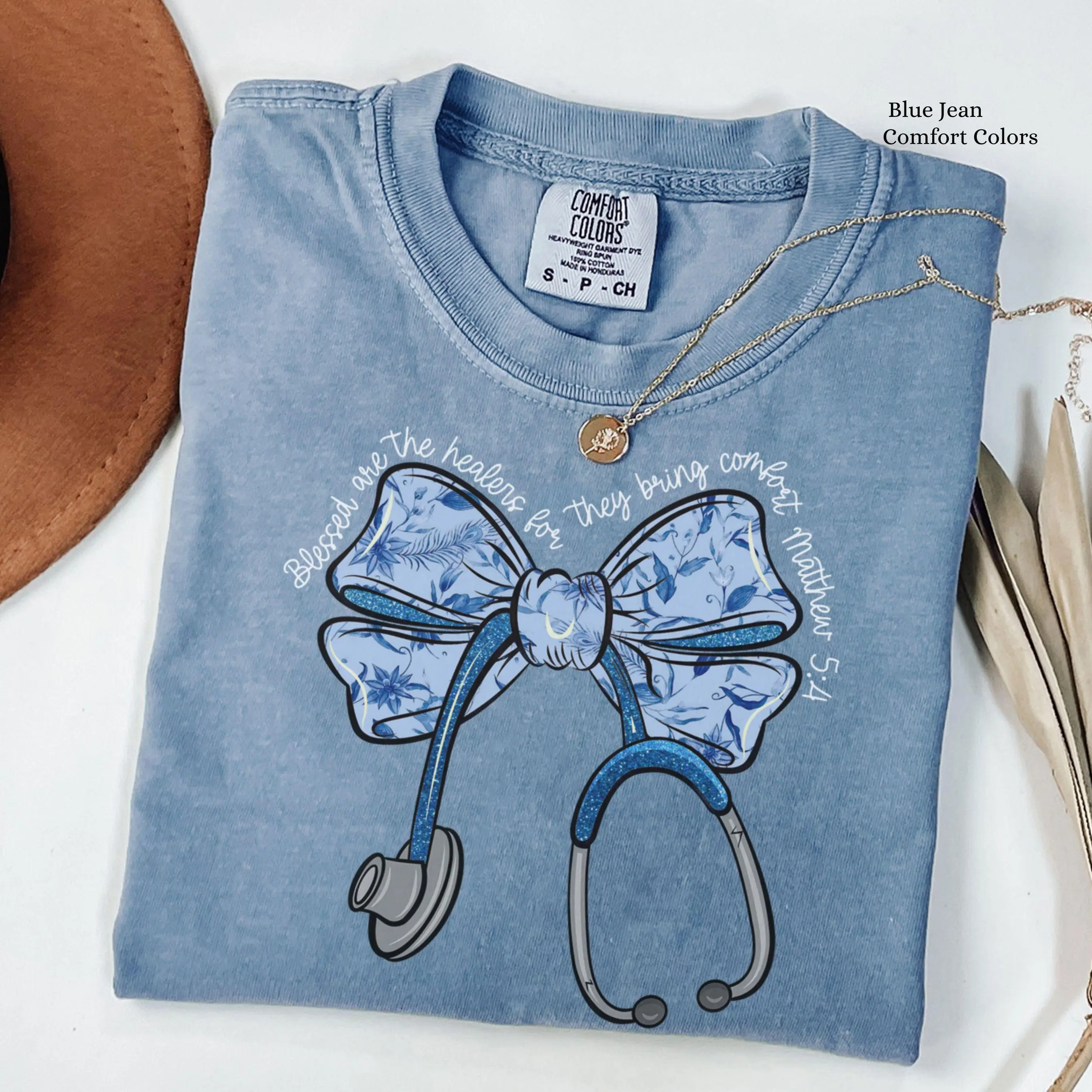 Nurse Toile Bow Shirt Matthew 5:4 Bible Verse Religious Tshirt Christian Nurse Comfort Colors Shirt. Fabric Top Womenswear Fit