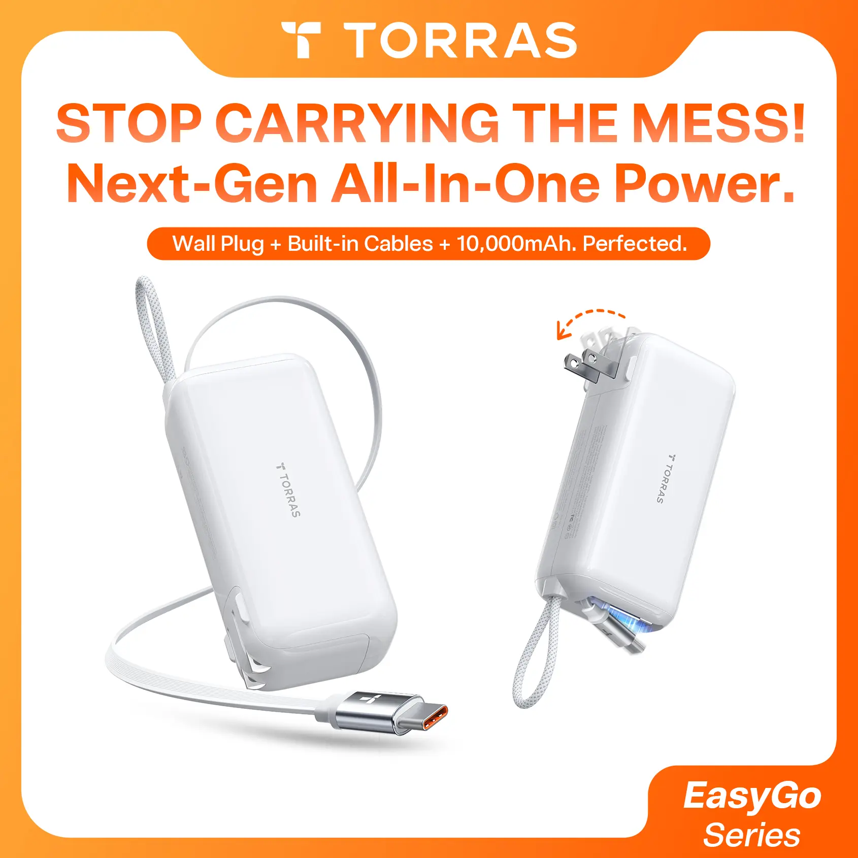 TORRAS EasyGo 3-in-1 Portable Charger, 10000mAh Power Bank with Built ...