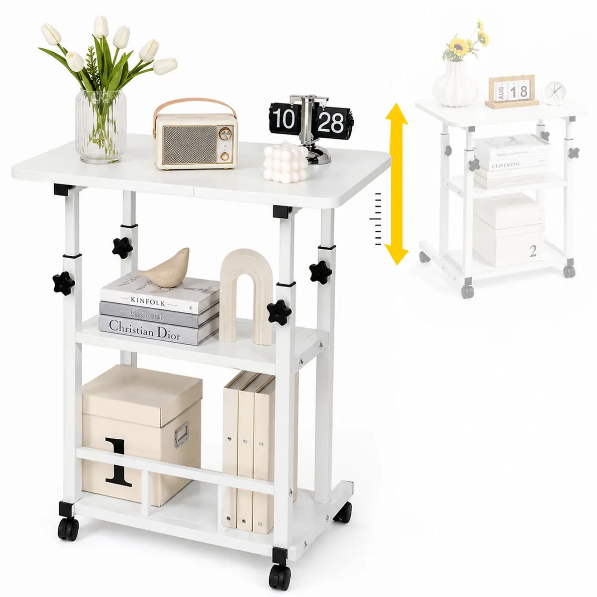 Adjustable Height Mobile Side Table,3-Tier Rolling Storage Cart with Lockable Wheels,Multi-Purpose End Table Bedside Laptop Desk for Bedroom Living Room Balcony Office Outdoor,Heavy Duty Metal Frame Nightstand Organizer Cart