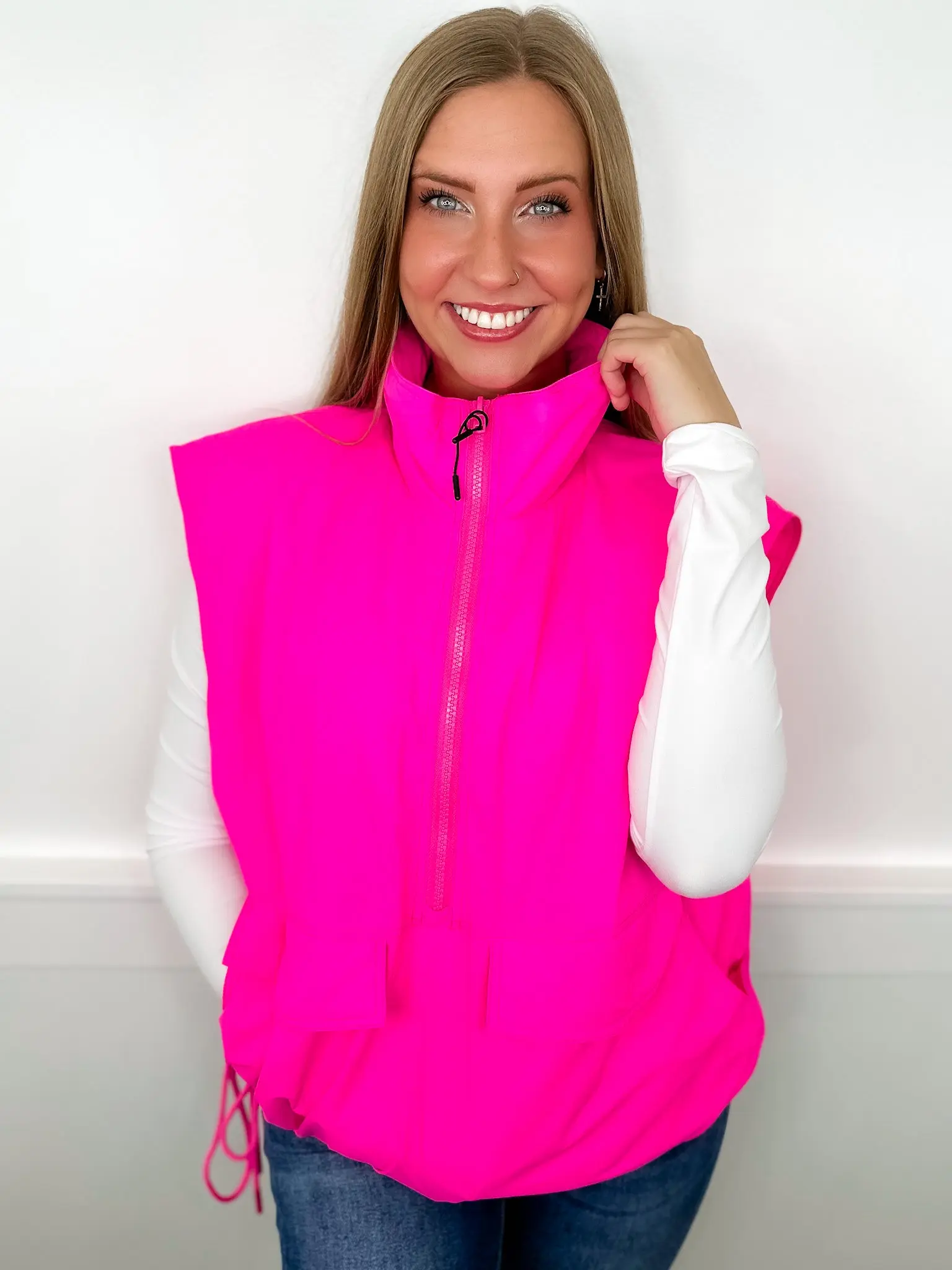 Women's Avery Mae Puffer Vest, Electric Neon Pink Pullover Top, High Neck Polyester Knit with Functional Pockets, Relaxed Fit for Casual Wear, Style, True-To-Size, Small, No Stretch, Pullover Puffer Vest, Comfortable, Loose-Fitting
