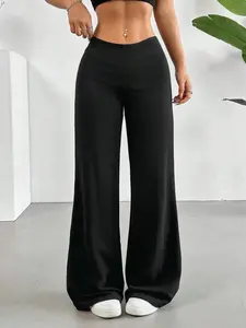 Solid High Rise Flared Straight Leg Pants