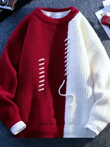 Men's Colorblock Sweater Knitwear, Thick Knit Long Sleeve Pullover for Fall & Winter, Casual Warm Base Layer, Loose Fit Jumper for Teens