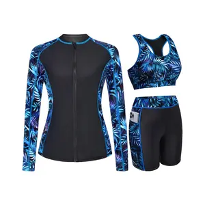 Daci Women Three Piece Rash Guard - Long Sleeve Zip up Swim Shirt Sports Bra Modest Swimsuit with Shorts