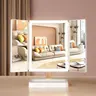 Lighted Makeup Mirror - Geometric Adjustable Trifold Square Vanity Mirror with 22LED Dimming, 1X/2X/3X/10X Magnification, Touch Controls, 180° Rotation, 2 Power Modes (4×AAA Batteries Compatible), Portable Compact White Home Decor