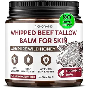 RICHGRAND Beef Tallow for Skin - Whipped Tallow and Honey Balm - Grass Fed Beef Tallow for Face, Daily Moisturizer & Body Butter - Natural Non Comedogenic Skincare (4.3 oz)