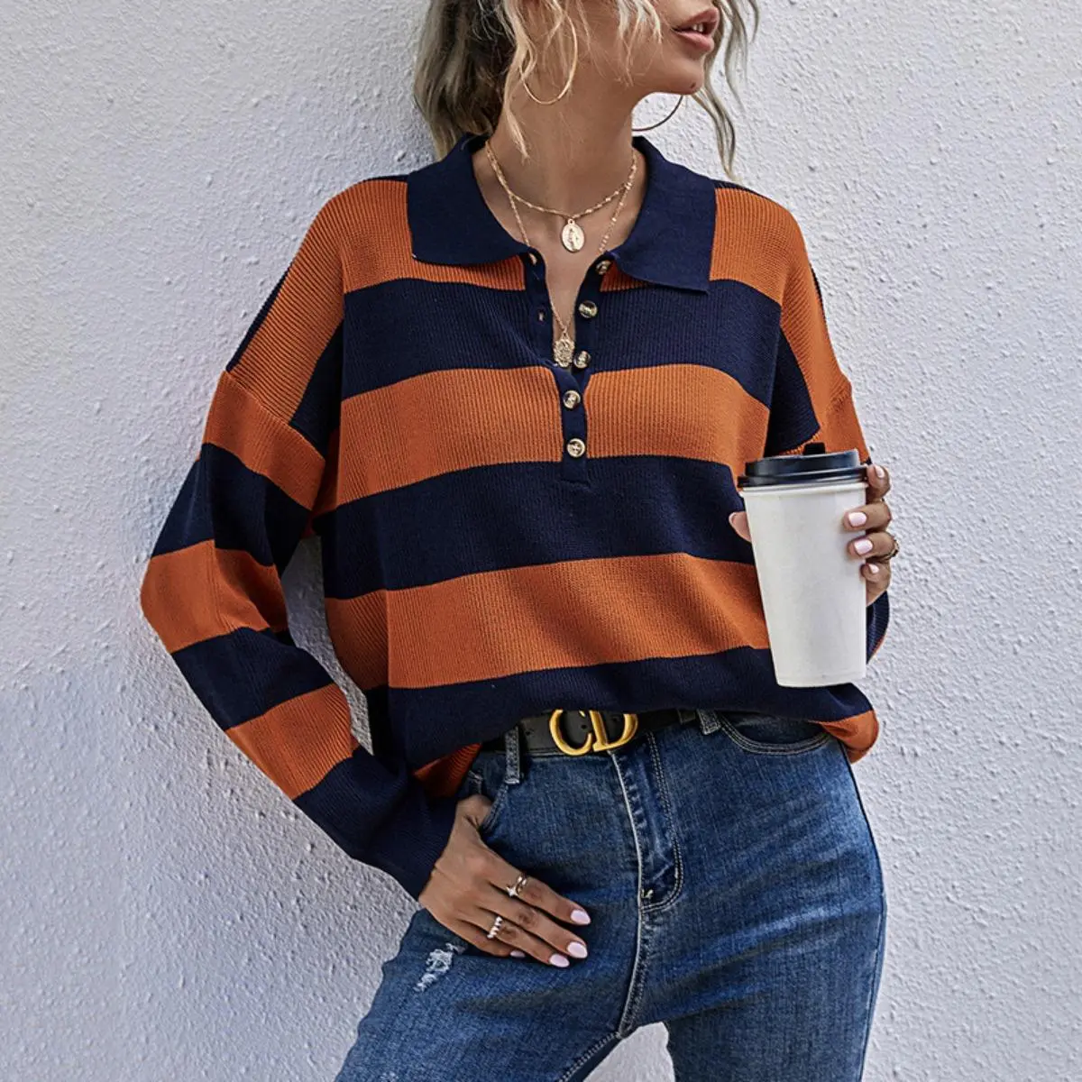 Women Striped Rugby Polo Sweater, Collared Long Sleeve Knit Pullover, Soft Y2K Casual Top
