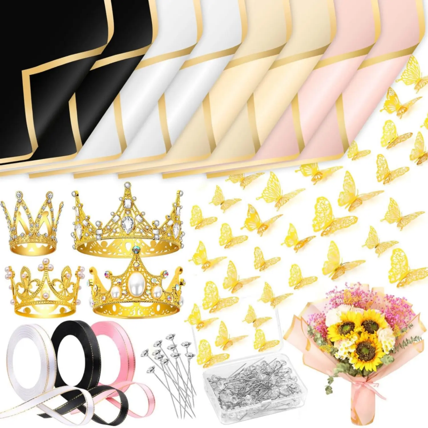 1-Set Flower Bouquet Wrapping Accessories Kit with Waterproof Large Sheets Floral Wrapping Paper (3 Rolls), Gold Crowns, Butterflies, Rhinestone Pins, Ribbons for Mother’s Money Bouquet, Graduation, Butterfly