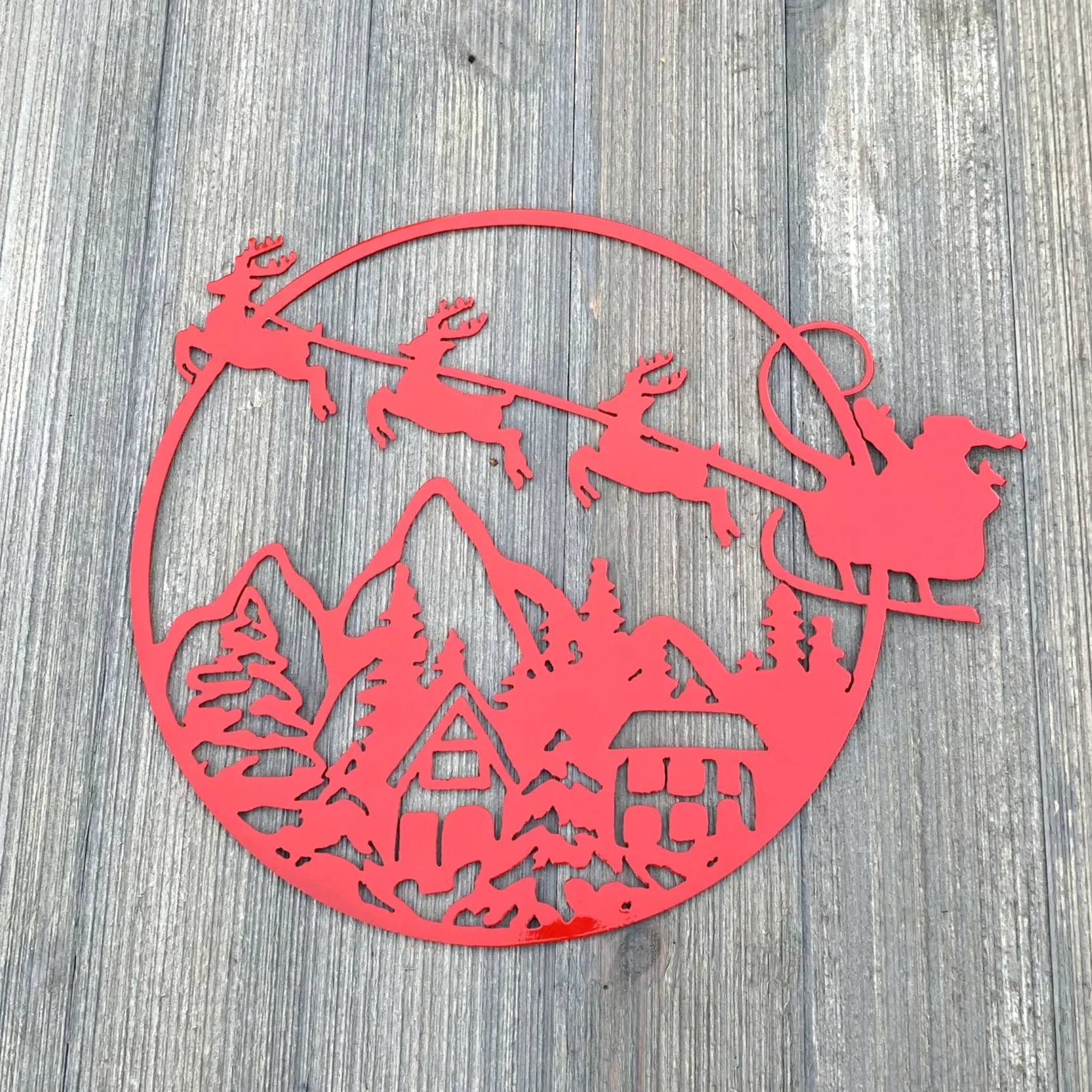 Santa Christmas Scene Metal Sign Cutout - Santa & His Sleigh Fly Over Town -Powder Coated Metal Sign -Christmas Decor - Christmas Decoration