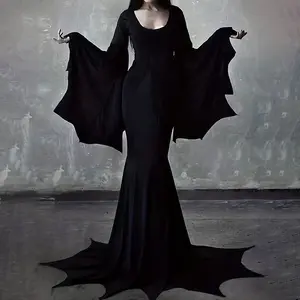 MrsAddamsEnchantingDarknessBlackGothicWitchBatSleeveDressforWomenVintageAestheticFittedBreathableFabricHalloweenCosplayOutfitWomenswearCarnivalCostume
