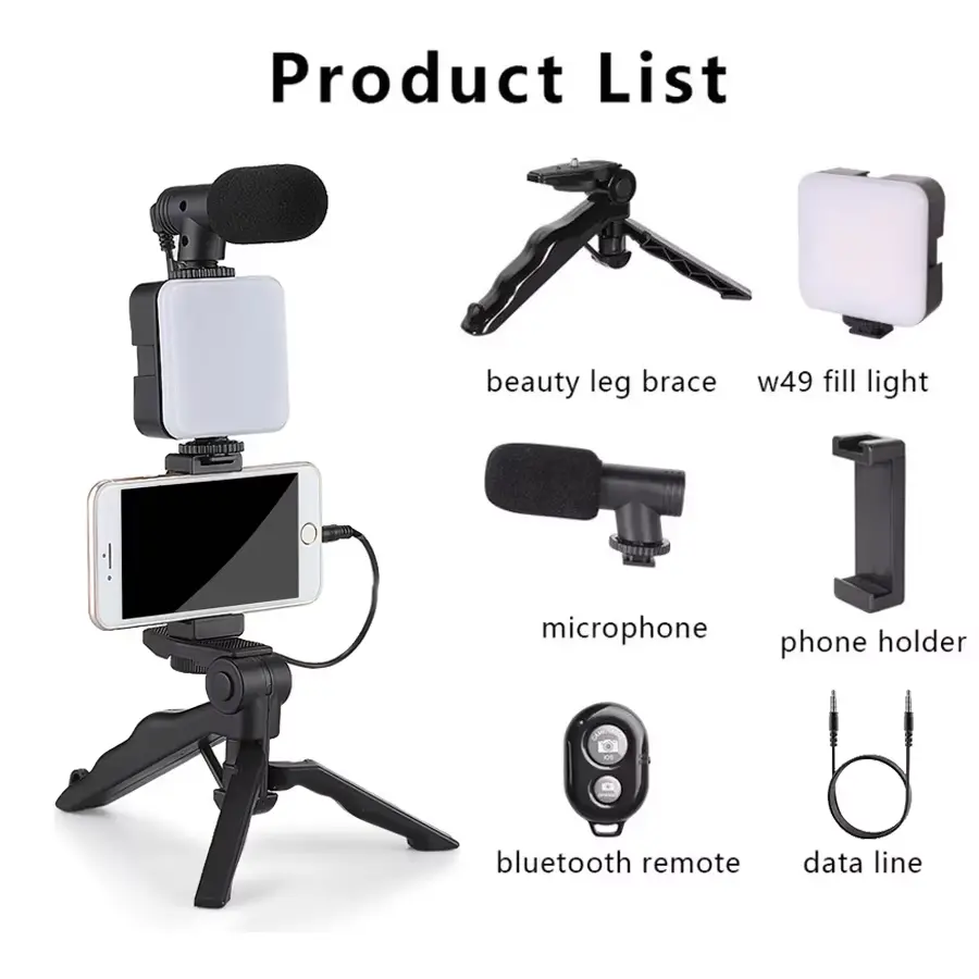 Smartphone Vlogging Kit with Tripod Phone Holder Mini Microphone LED Fill Light Starter for Tiktok Live Stream Video Youtube STTKGZD