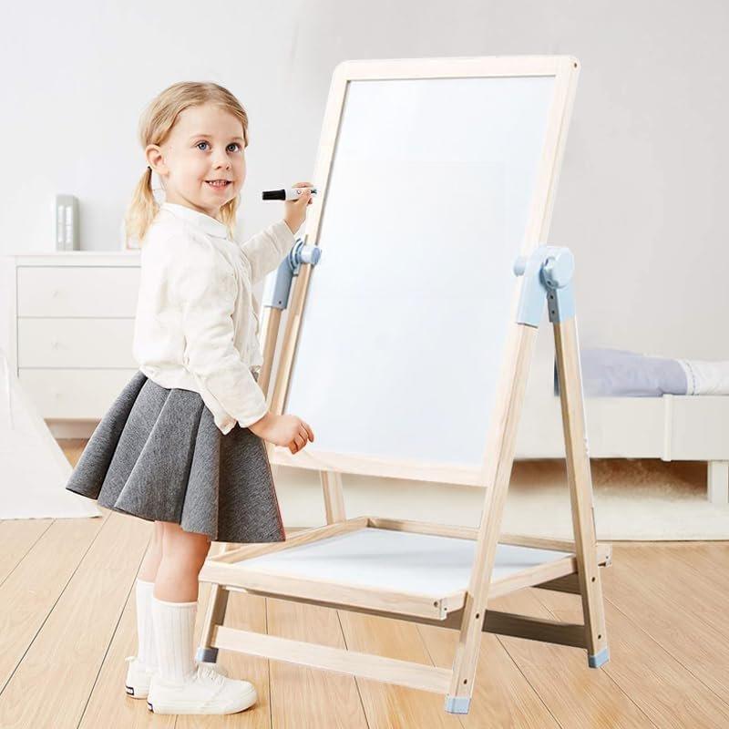 ADENA MONTESSORI 2-in-1 Adjustable Wooden Standing Art Easel & Toys Table for Kids 3-8 Years Old - Dual-Sided Magnetic Design with Storage Shelf & Accessories for Creative Play and Learning