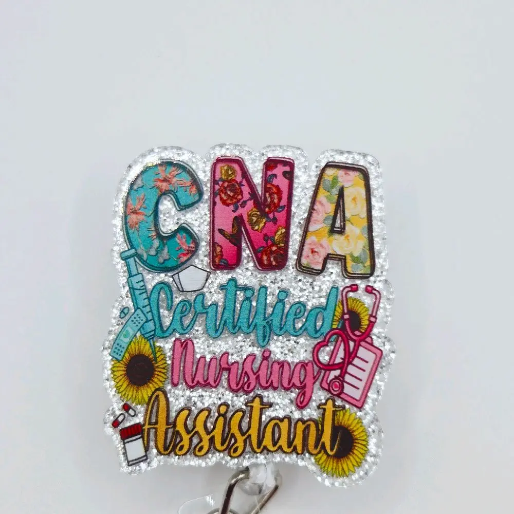 CNA Certified Nursing Assistant Glitter Acrylic Retractable Badge ID Reel Belt or Alligator Clip creative badge holder