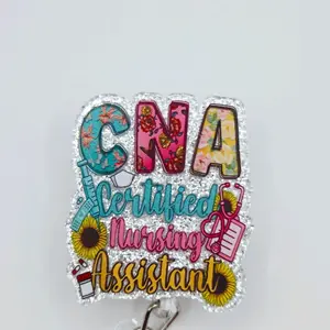 CNA Certified Nursing Assistant Glitter Acrylic Retractable Badge ID Reel Belt or Alligator Clip creative badge holder