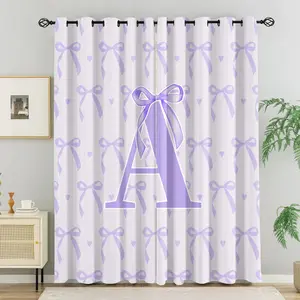 2 Pcs Purple Bow Printed Curtains, Cute Coquette Aesthetic Monogram Letter Darkening Curtains 80%-90% Light Blocking, Decorative Decoration Curtains for Bedroom, Living Room, Dorm Room Decor