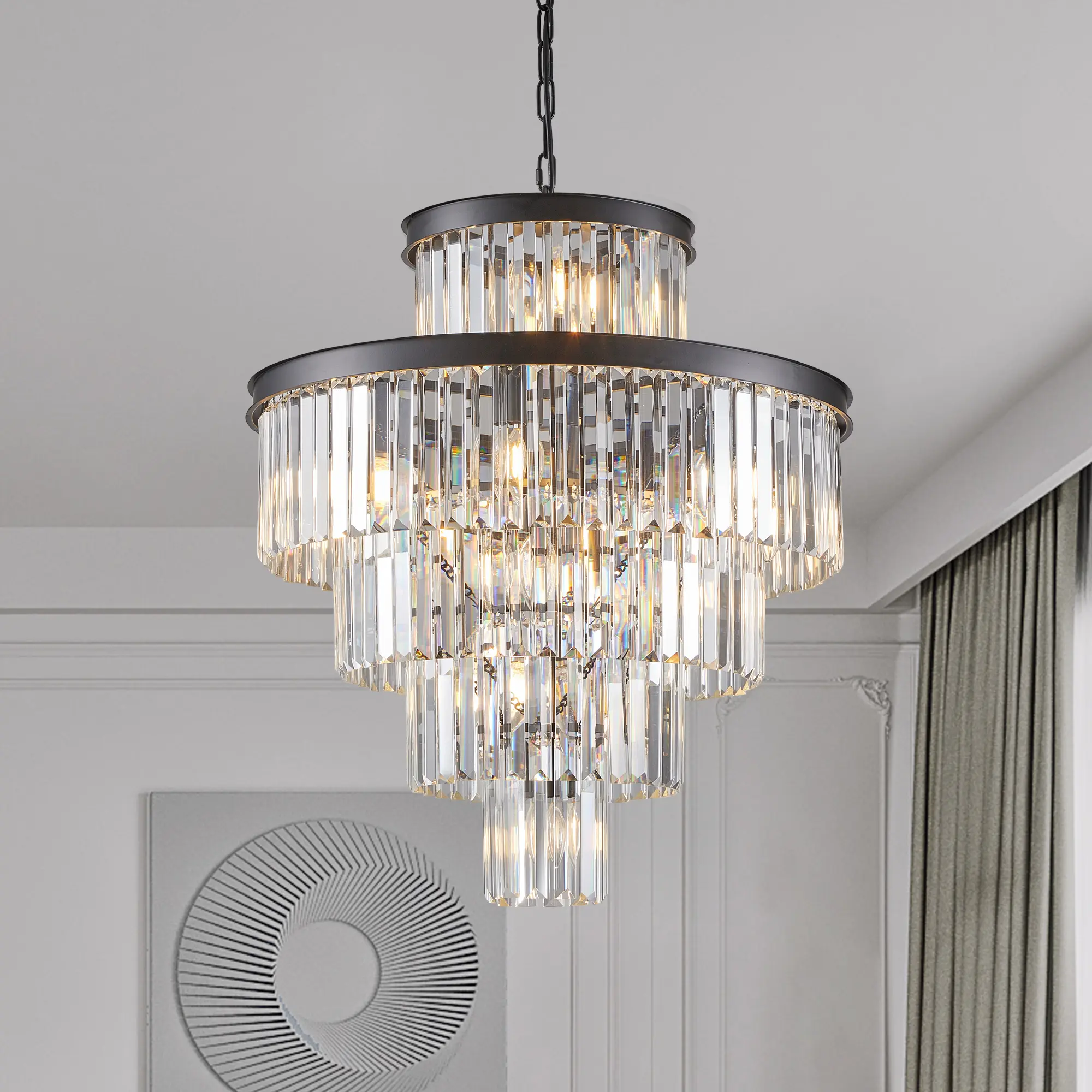 5-tier round K9 crystal chandelier, matte black adjustable hanging pendant light for modern home decor
