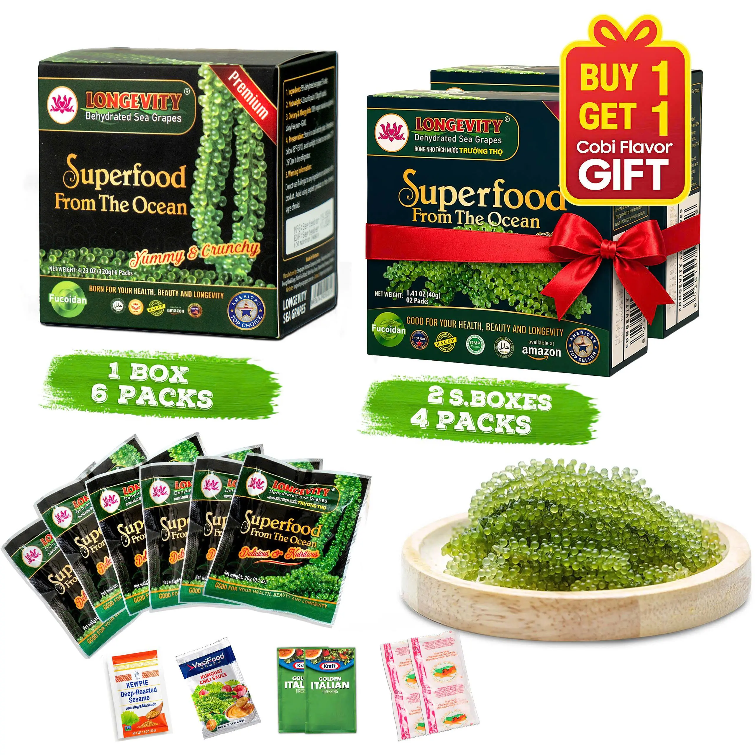 [Buy 1 Get 1 Gift] Longevity Dehydrated Sea Grapes 6 Packs of 4.23 oz Green Caviar Umibudo Latok Seaweed Organic Premium Quality Crunchy Flavor Superfood From The Ocean