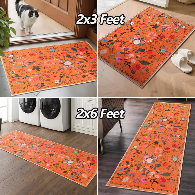 Floral Boho Imitation Cashmere Printed Area Rugs, Washable Machine, Non Slip Low Pile Vintage Large Carpet for Living Room, Bedroom, Farmhouse, Dining Room, Kids Playroom, Orange, Pink, Black, Green, Beige,2x3, 2x6, 4x6, 5x7, 6x9, 8x10, 9x12 Feet