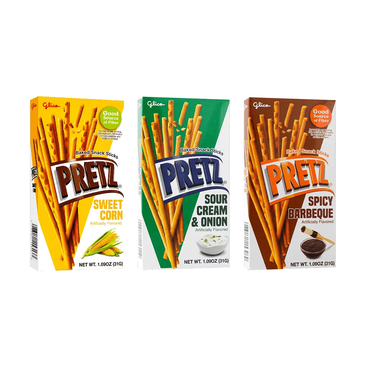 Glico Pretz Snack Sticks 3 Flavors Variety Pack - Sweet Corn, Sour Cream Onion, Spicy BBQ - 93g 3-Pack