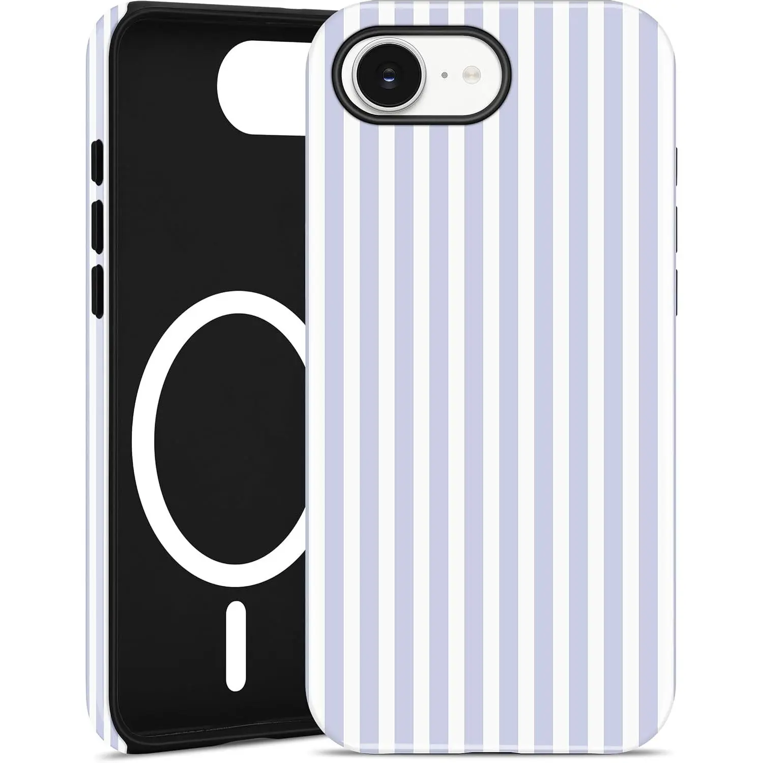 Jusy Striped Phone Case for iPhone 16e/17e, Shockproof Full Protective Cover, Cute Aesthetic Magnetic Hybrid Hard PC Soft TPU Anti-Scratch Shell, Wireless Charging Compatible - Blue & White