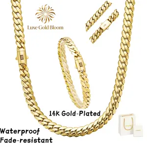 14K gold vacuum-plated stainless steel with black copper “S” ear clasps; Miami Cuban chain necklaces and bracelets (6–14 mm)  Unisex fashion jewelry, luxury jewelry, everyday wear, trendy style, perfect gift, Chicano style, hip-hop style