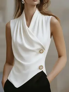Easy Temperament Charming Elegant Premium Irregular Hem Neckline Ruched V-Neck Sleeveless Top, Women'S Clothing