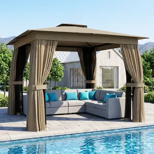 Outdoor Patio Gazebo Khaki Double Tier UPF30 Plus Polyester Roof 10' x 10' with Netting Drain Holes for Backyard Deck Shade