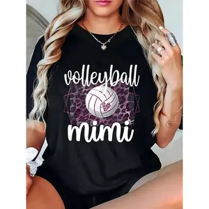 Women's Black Volleyball Mimi T - Shirt Leopard Print Volleyball Heart Graphic Casual Sports Fan Tee for Game Days Family Gatherings Volleyball Lovers Mimi 100% Cotton T-shirt