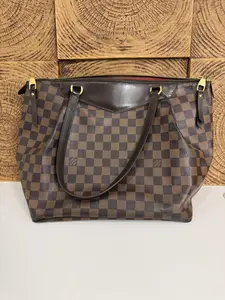 Pre-owned Louis Vuitton Medium Damier Ebene Tote Bag Timeless Silhouette with Classic Check Canvas, Leather Trim, Red Lining & Gold Hardware