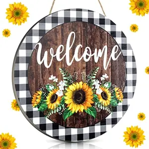 12 x 12 Inches Sunflower Sign Hanging Spring Summer Sunflower Welcome Sign Door Decor Round Wooden Art Wreath for Mother'day Gift Farmhouse Porch Decor Sunflower Wall Decor Wedding Favors