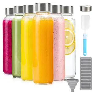 6 Pcs Glass Juice Bottles Set,Glass Bottles for Juicing，Beverage Container with Stainless Steel Sealing Cover, Reusable Travel Juice Storage Container, Which Can Be Used for Drinks or Water Such As Juice, Smoothies, Iced Tea, Iced Coffee, Nut Milk, Etc.