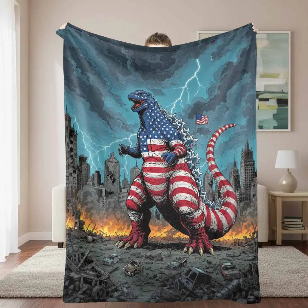 Patriotic Monster Flannel Blanket American Flag Print Super Soft Lightweight Cozy Plush Warmth Breathable Durable Texture Perfect For Living Room Sofa Bedding Decor Independence Day Celebration Housewarming Gift Movie Night Snuggling Lounging Activities