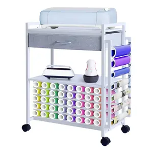 Craft Cart with Wheels Compatible with Machines, Craft Organization and Storage Stand with Drawer & Hook, Rolling Storage Cart with Roll Holder for Home Crafting Room