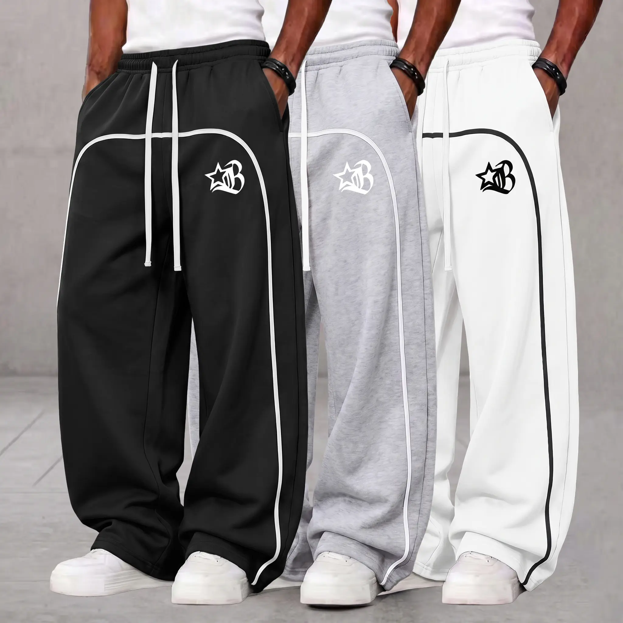 Men’s athletic pants 3-pack — loose wide-leg sweatpants with drawstring waist, ultra-soft men’s sportswear, casual athleisure joggers suitable for fitness and running, 100% polyester fiber, lightweight.