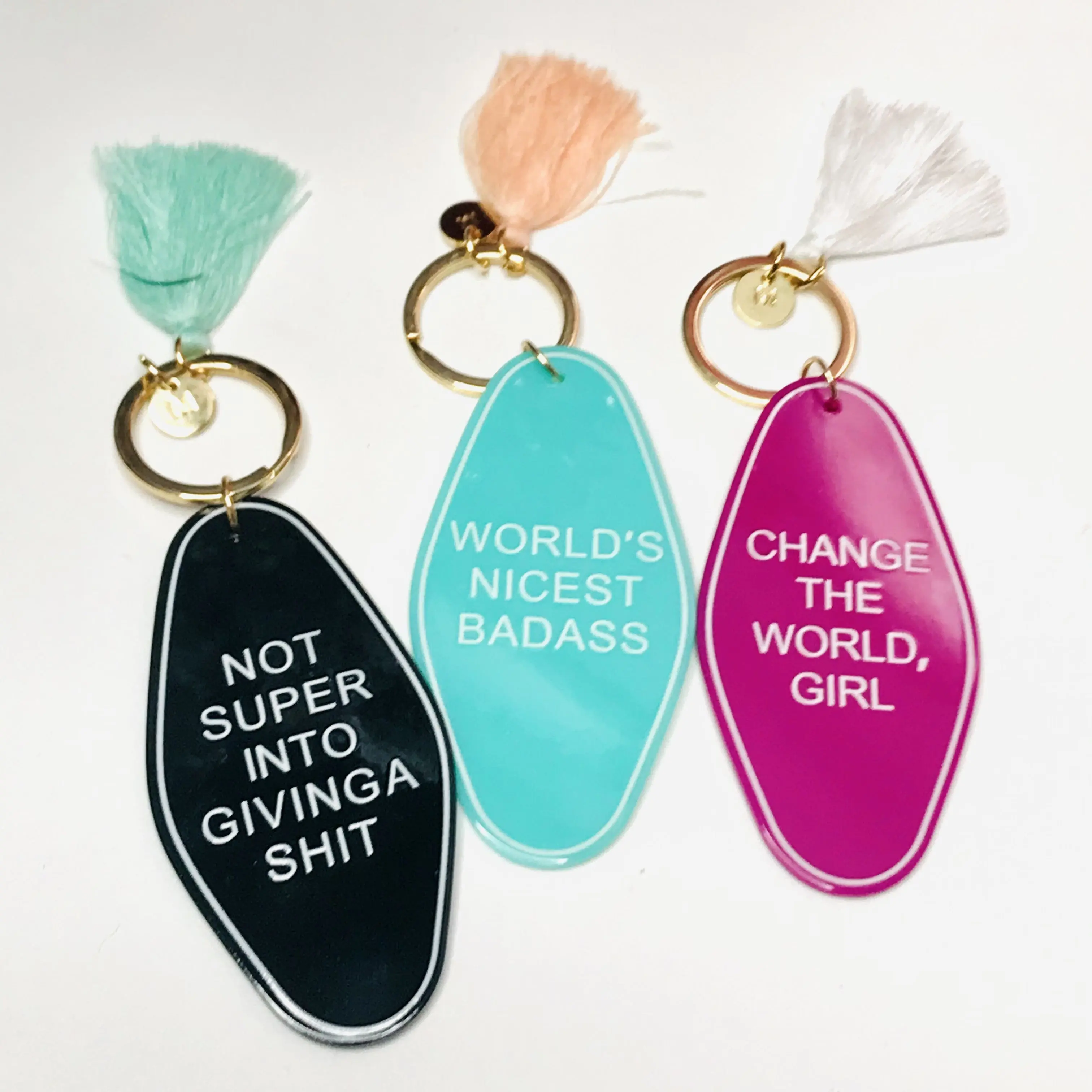 Funny Hotel Key Chains - Acrylic, 3.5 x 1.75, Gold Hardware, Tassel