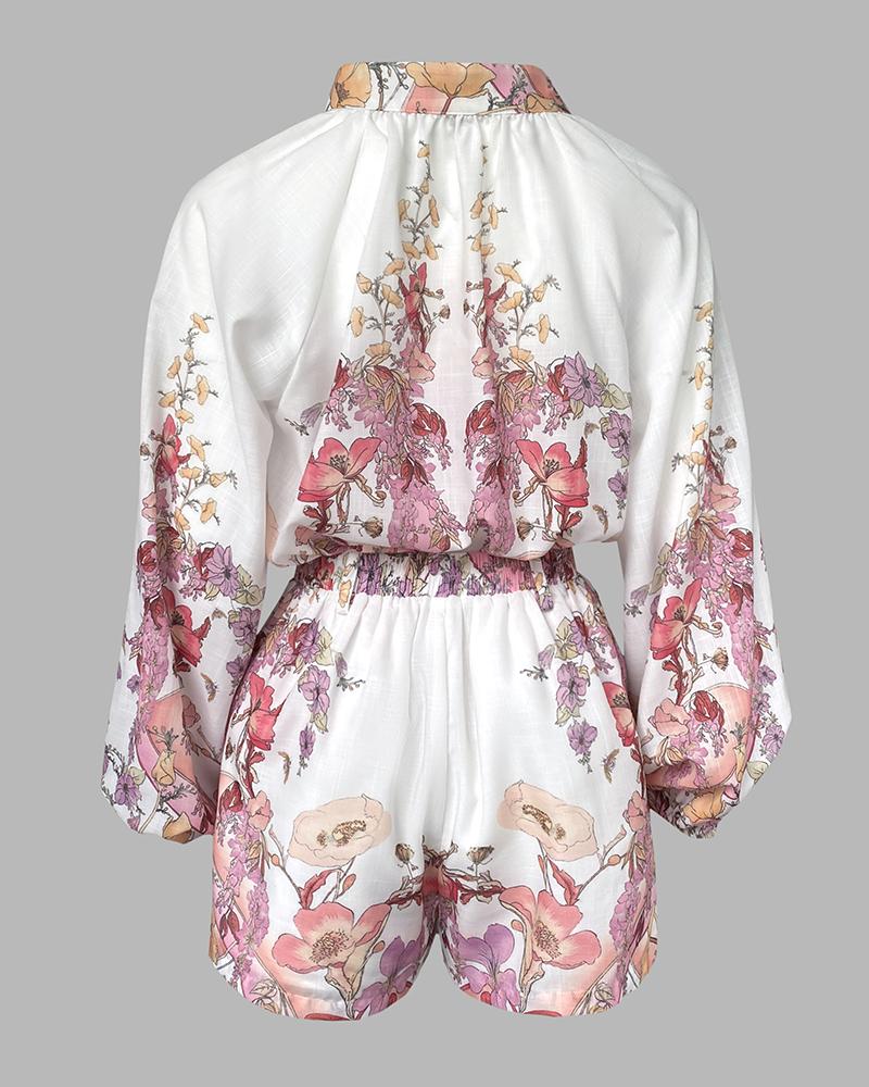 ChicMe Women's 2 Pieces Outfit Floral Placement Print Stand Collar Button Button Front Lantern Sleeve Top and Casual Elastic Back Waist Shorts Set with Belt