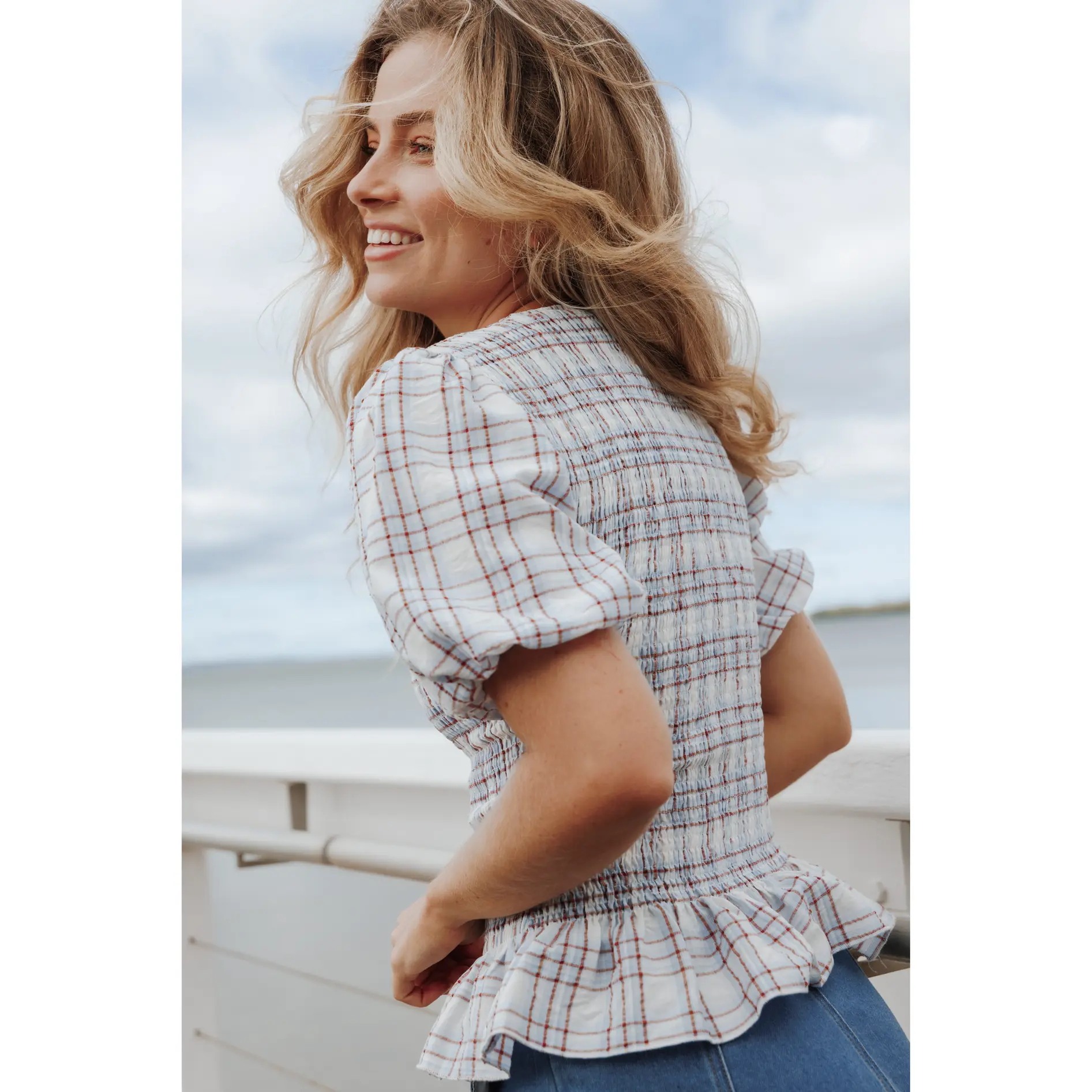 Callista Shirred Waist Top - Light Blue Plaid