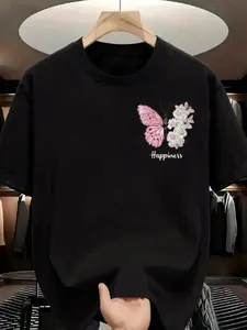 Happiness Butterfly Tee - Minimalist Graphic Shirt, Cute Aesthetic Top, Casual Short Sleeve Streetwear,Personalized short-sleeved T-shirt, suitable for both men and women, with a casual style. Loose and fitted design.