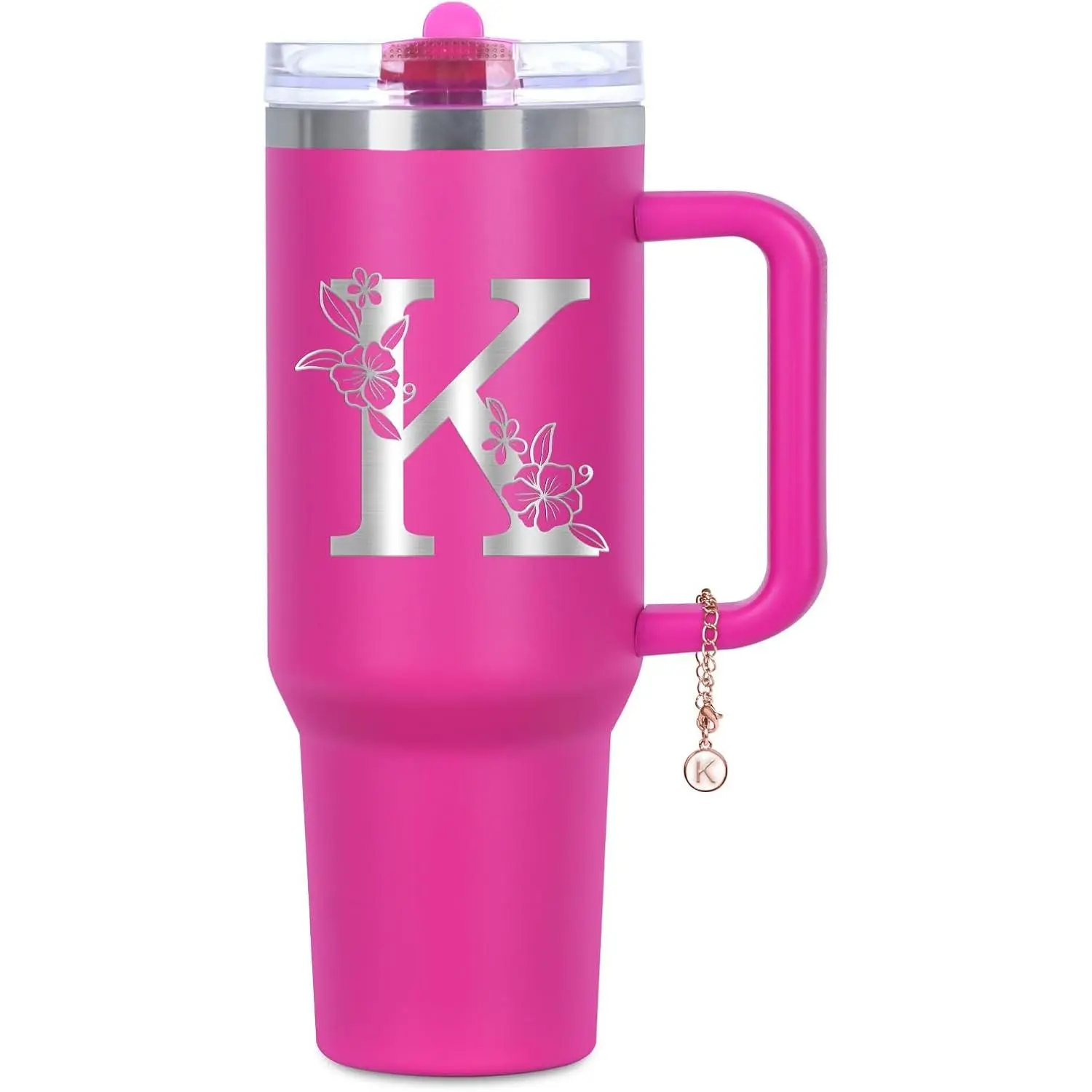Personalized 40oz Initial Tumbler with Handle & Flip Straw, Custom Monogram Stainless Steel Insulated Cup, Gift for Mom, Wife, Sister, Best Friend, Coworker