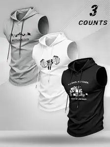 American Fitness Dumbbell Print Hooded Sleeveless Tank Top, Quick-Dry Breathable Weight Training Shirt, Men's Gym Workout Upper, Athletic Tops, Breathable Vest