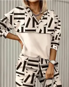 Beige Geo Letter Print Long Sleeve Top & Pants Set