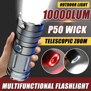 10000LM LED Super Bright Flashlight Rechargeable Zoomable Work Lamp Powerful Tactical Torch Outdoor Camping Hiking Night Fishing Tactical Torch Emergency Lamp Waterproof