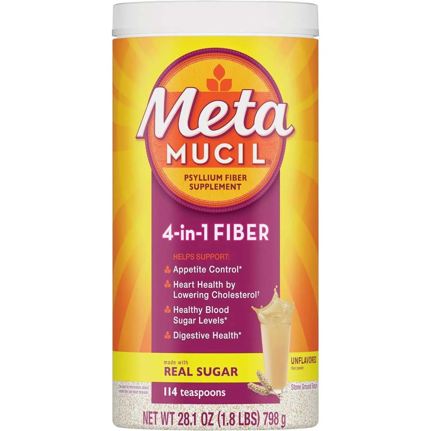 Metamucil, Psyllium Husk Powder, Unflavored Original Texture, with Sugar, 114 Servings, 4-in-1 Fiber Supplement, Daily Psyllium Husk Fiber Powder Help Support Digestive Health by Promoting Regularity*