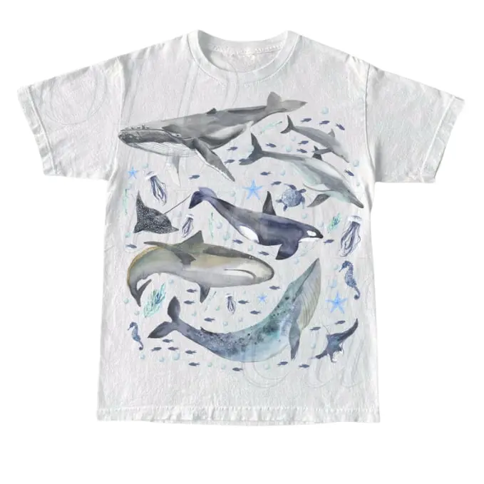 Women's Vintage 90s Watercolor Sea Animal Casual Top - Retro 90s Sea Vibe, Unisex Ocean Tee, Whale-Orca Print, Sealife, Shark, Dolphin Short-Sleeve Nature Shirt for Ocean Lovers, Sea‑Life Charm