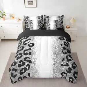 7 Pieces Leopard Print Comforter Set,Ombre Silver (Not Glitter) Bedding Set for Kids Bedroom Decor,African Cheetah Wildlife 7pcs Bed in a Bag